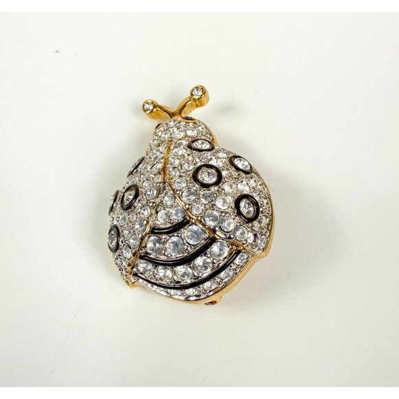 Swarovski Gold Tone Black Enamel and Clear Rhinestones Ladybug Ladybird Brooch - Picture 2 of 5
